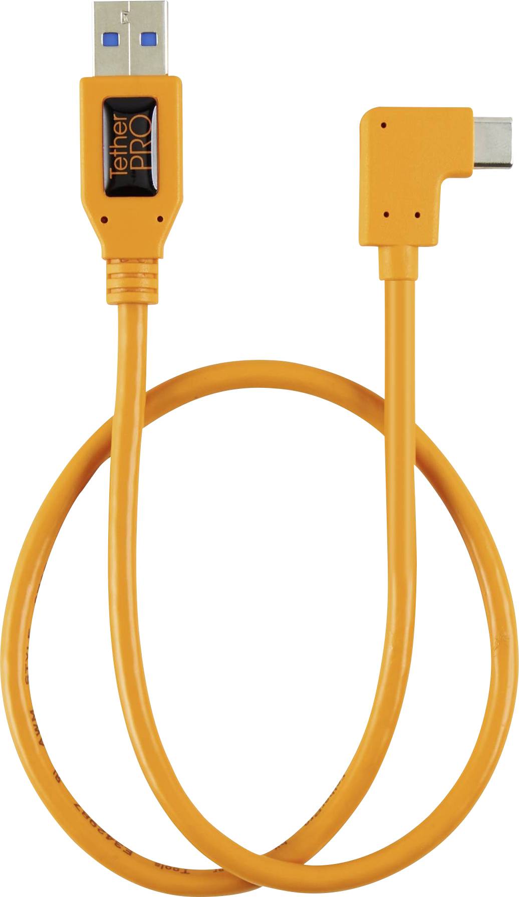 Cavo USB arancione con connettori USB-A e USB-C, adatto per collegare dispositivi come smartphone o computer.