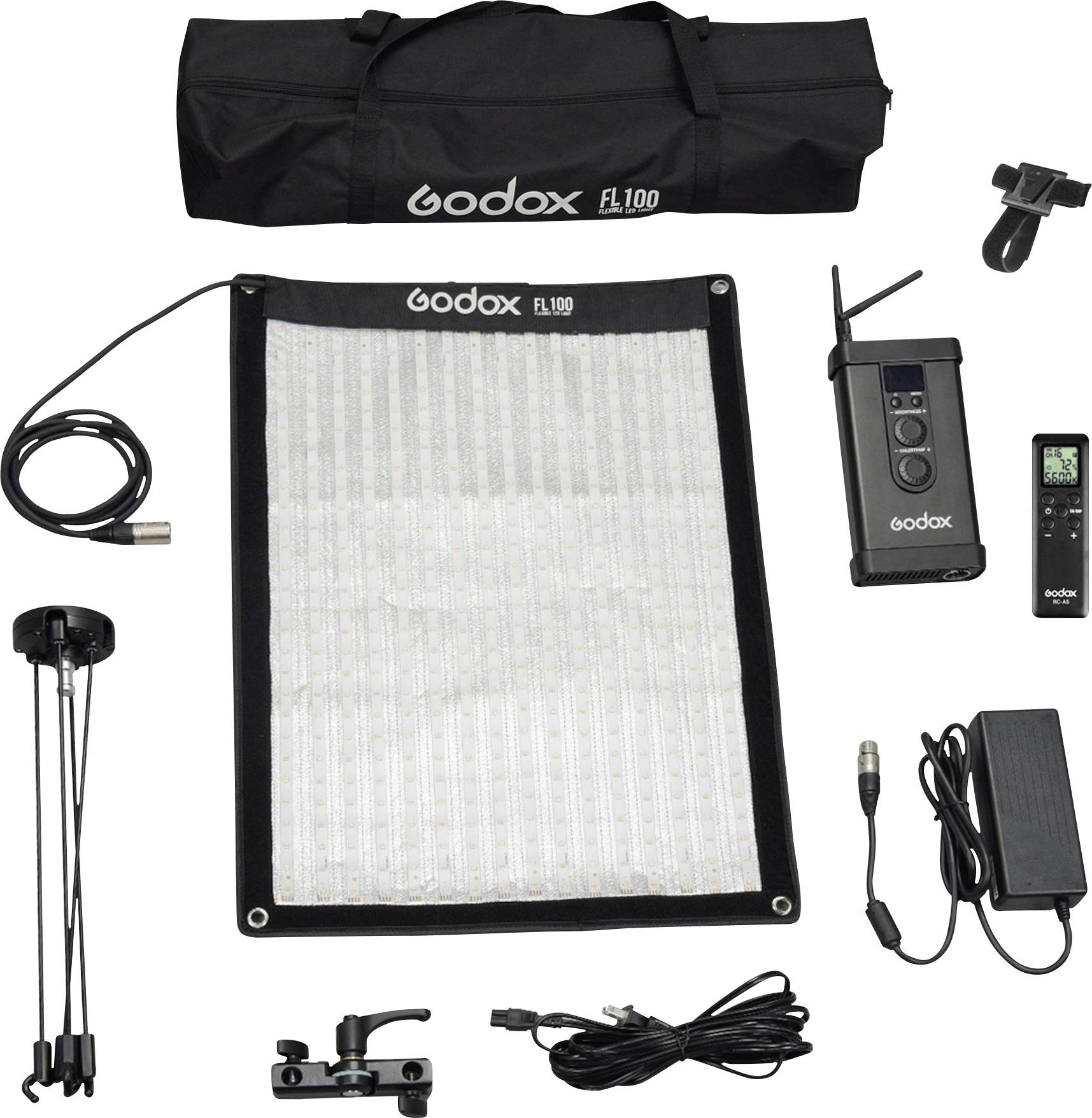 Kit di illuminazione flessibile portatile con borsa, tappetino LED, controllo luci, alimentatore, telecomando e accessori di fissaggio.
