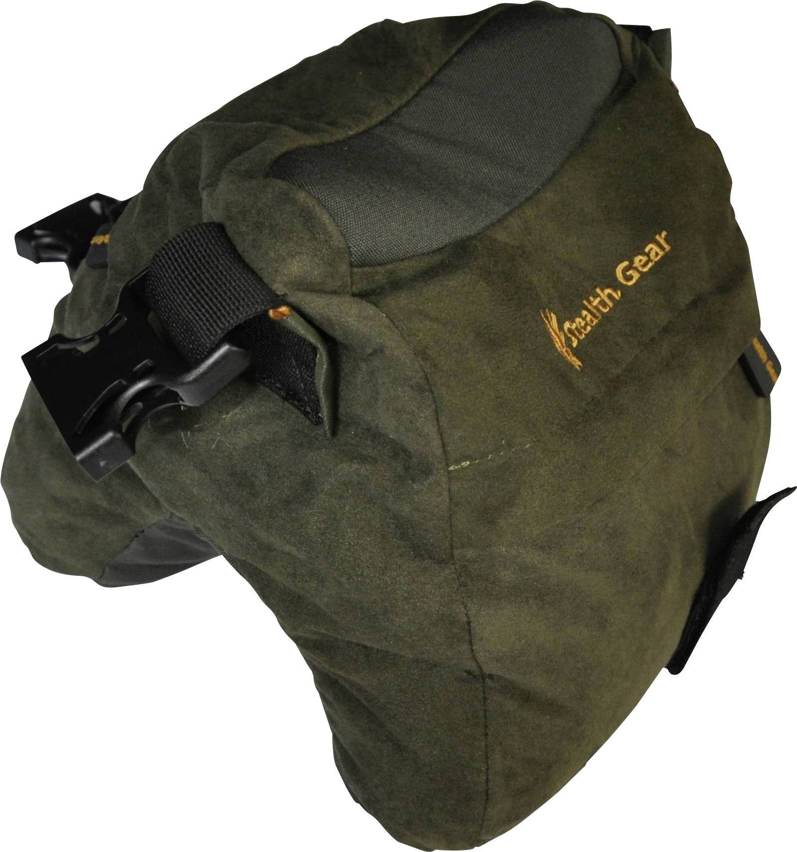 Una borsa verde con fibbie nere e la scritta arancione 'Stealth-Gear'. Sembra robusta e orientata alla funzionalità.