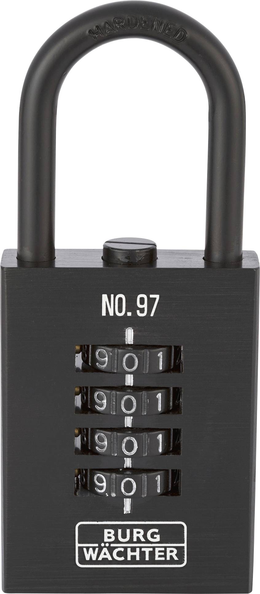 Un lucchetto nero con combinazione visibile '901'. Il nome del marchio 'Burg Wächter' e la scritta 'No. 97' sono stampati sopra.