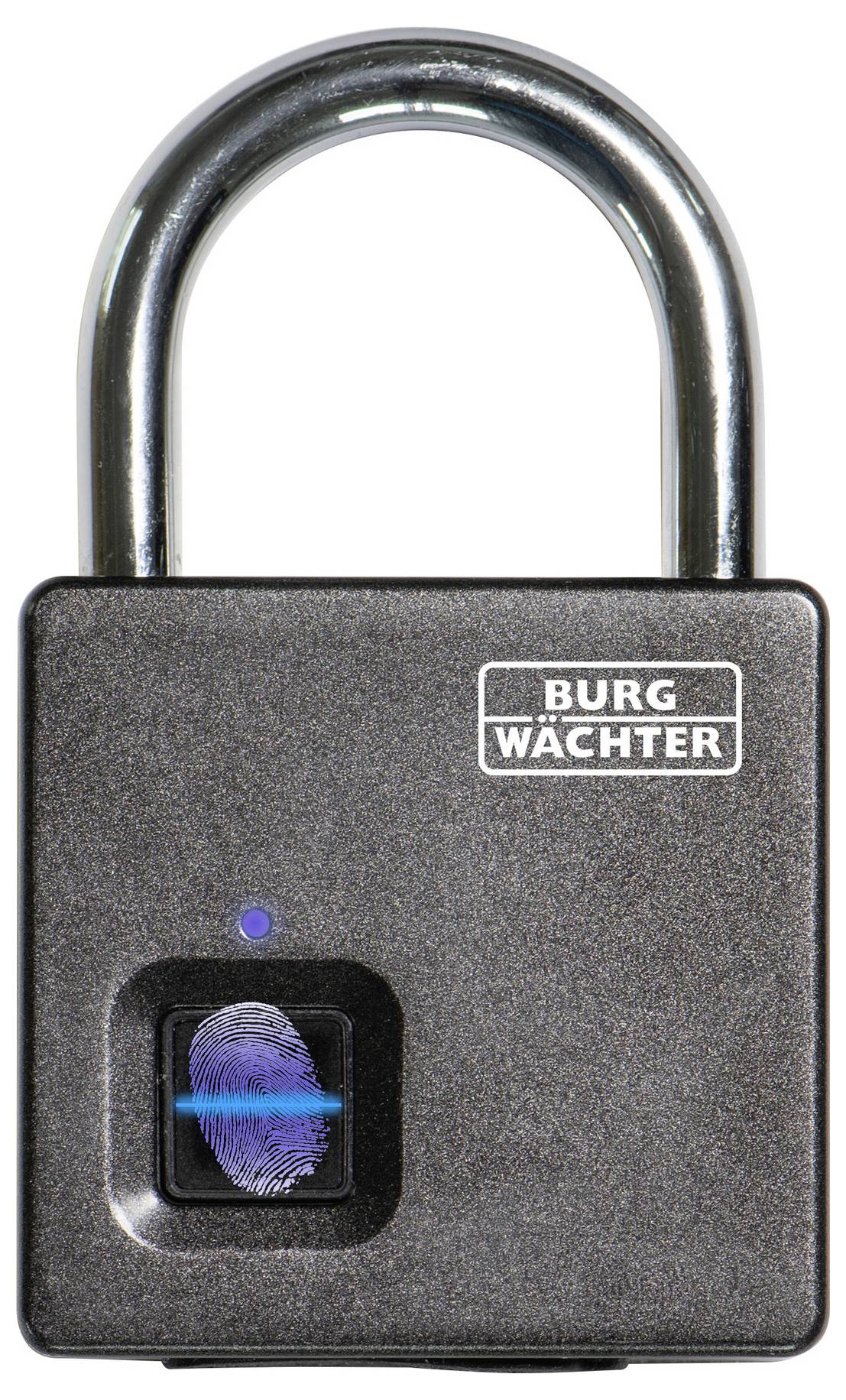 Un lucchetto nero con sensore di impronte digitali integrato e ardiglione d'argento, con il logo 'BURG WÄCHTER' in alto a destra.