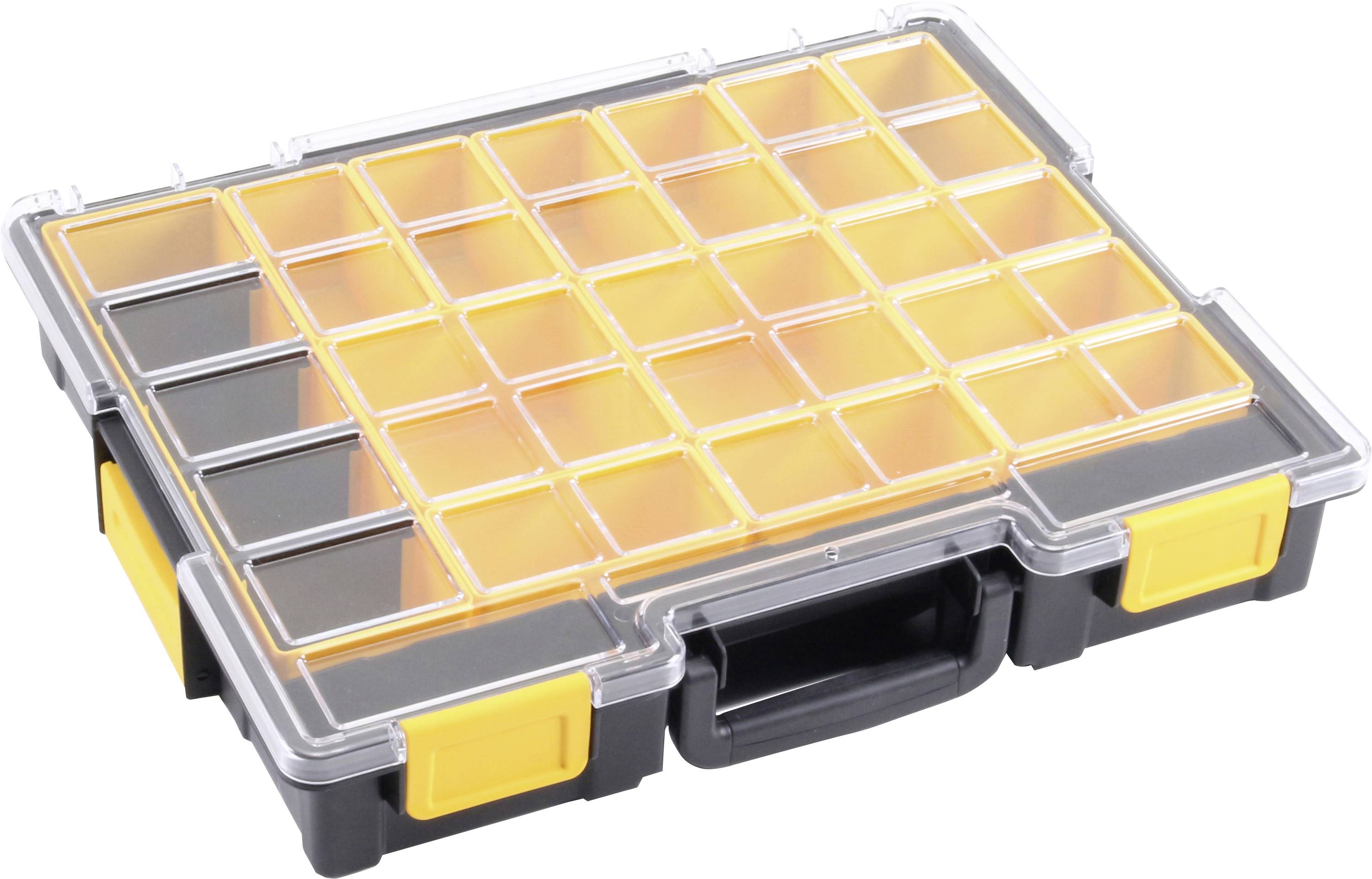 Scatola porta oggetti con coperchio trasparente e scomparti gialli. Ideale per organizzare piccoli componenti come viti o chiodi.