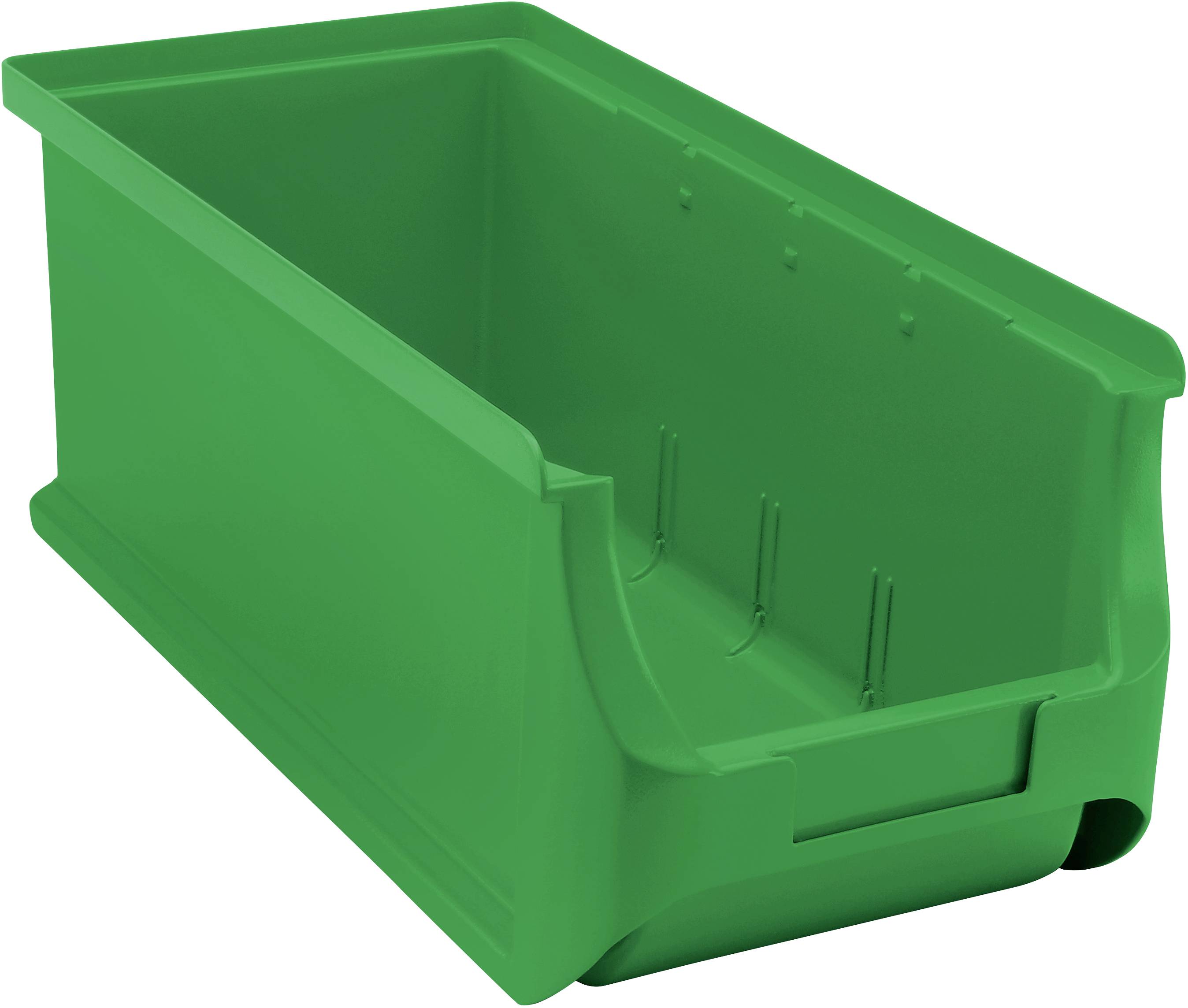 Contenitore di stoccaggio in plastica verde con apertura frontale, adatto per la conservazione di utensili o piccoli componenti.