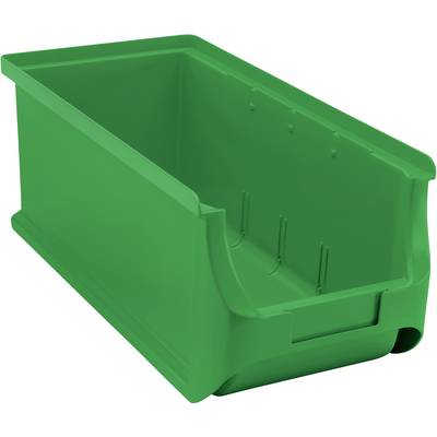 Contenitore di stoccaggio in plastica verde con apertura frontale, adatto per la conservazione di utensili o piccoli componenti.