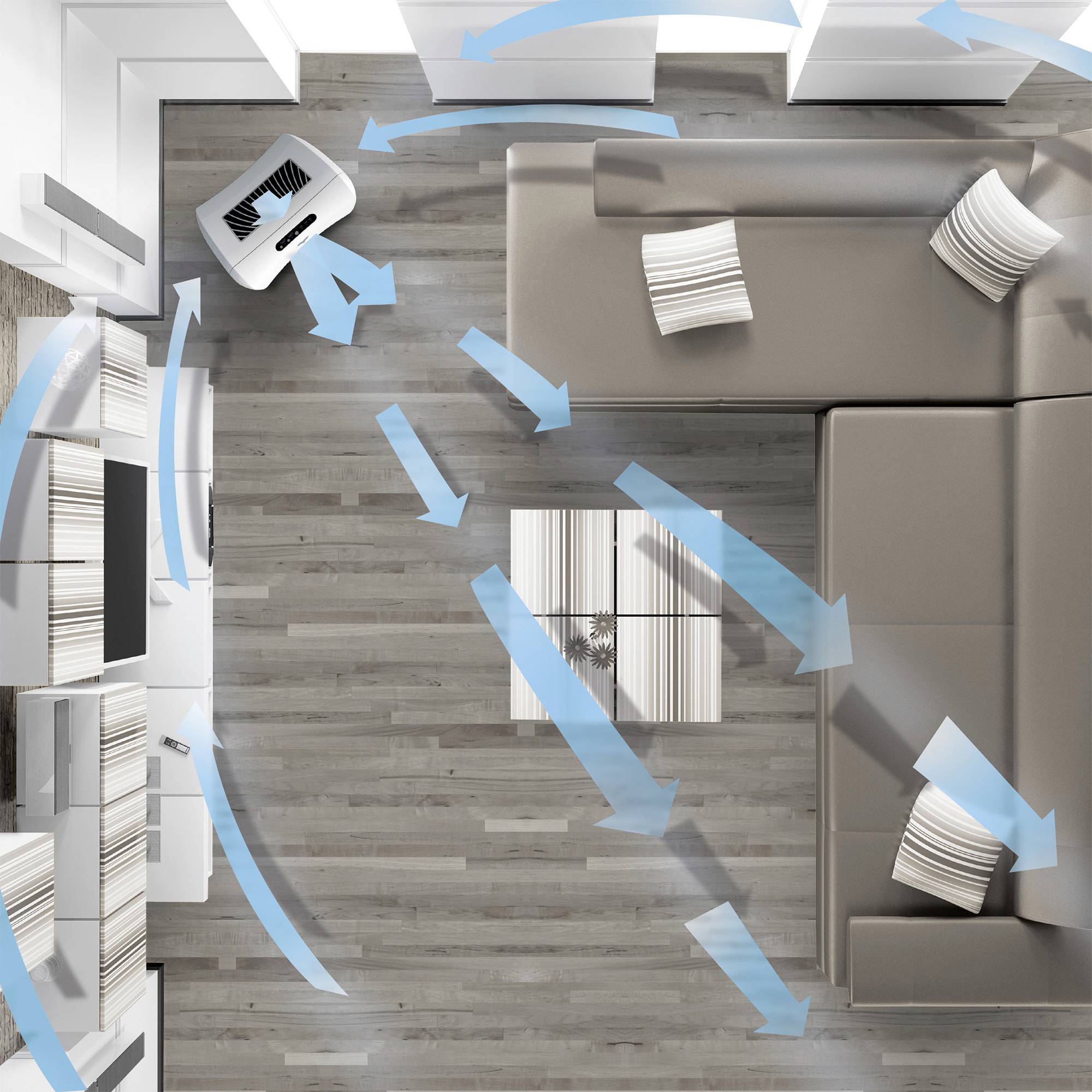 'Rappresentazione della circolazione dell'aria in una stanza con divano, tavolino da caffè e libreria. Frecce blu mostrano il flusso d'aria intorno ai mobili.'