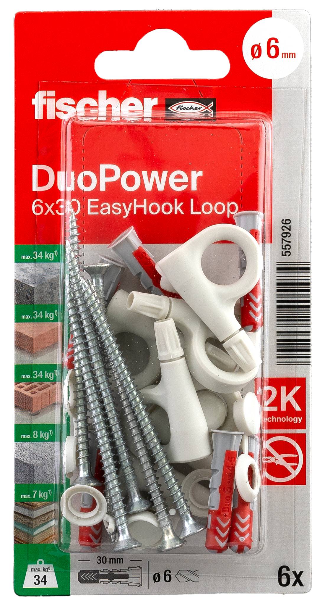 Confezione di tasselli DuoPower 6x30 EasyHook Loop Fischer, set da 6 pezzi, per fori da 6 mm con viti e ganci, portata fino a 34 kg.