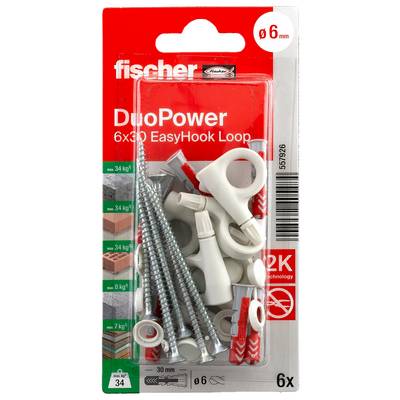 Confezione di tasselli DuoPower 6x30 EasyHook Loop Fischer, set da 6 pezzi, per fori da 6 mm con viti e ganci, portata fino a 34 kg.