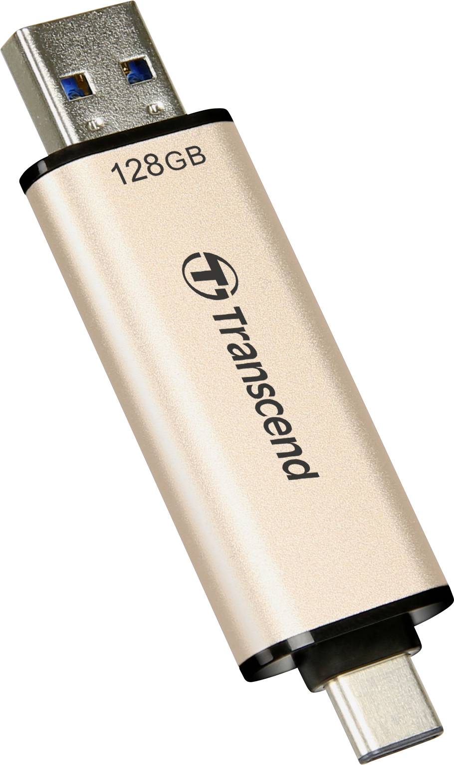 Chiavetta USB di Transcend, capacità da 128 GB, con porte USB-C e USB-A per un utilizzo versatile su diversi dispositivi.