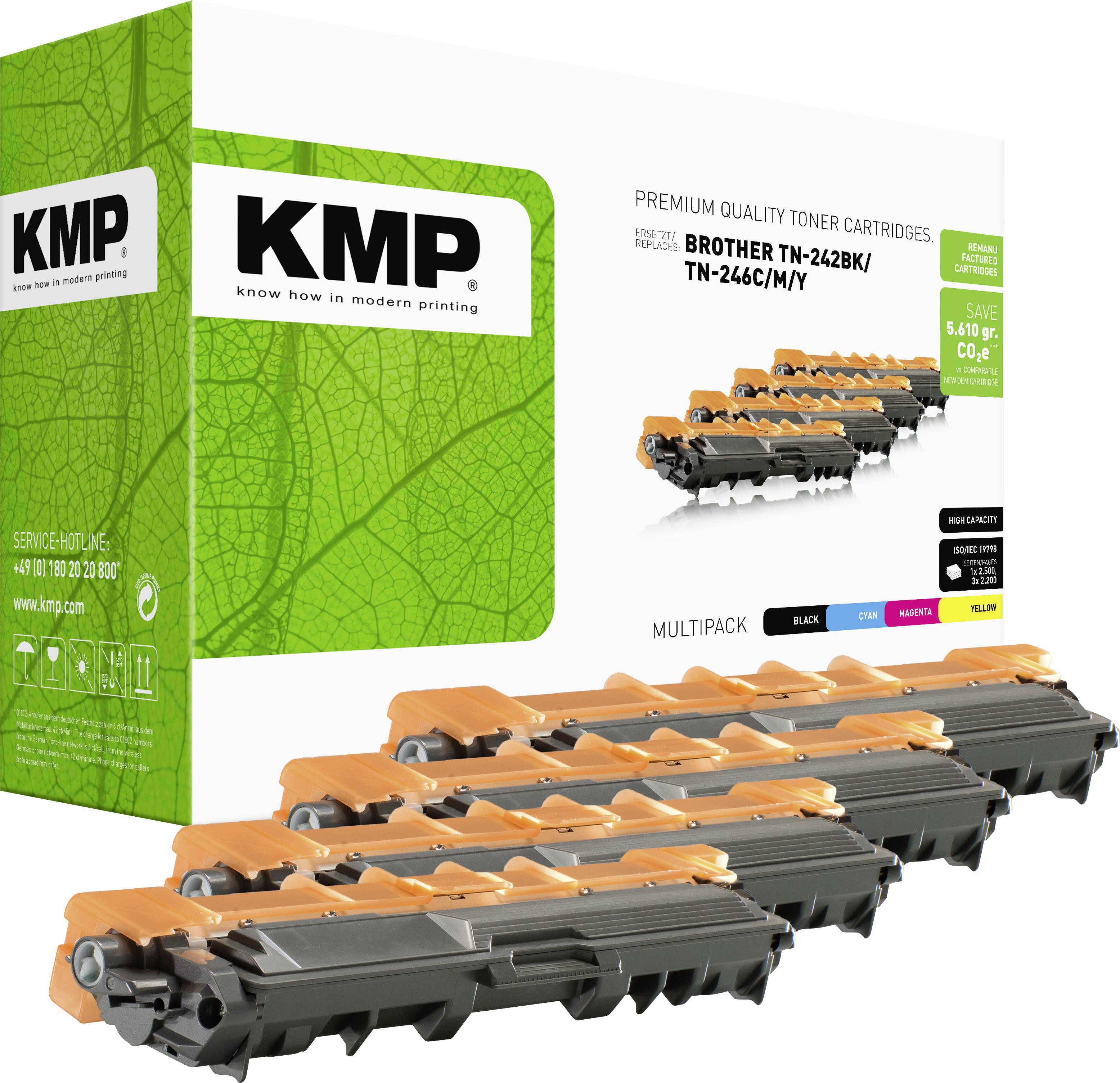 Cartuccia toner di qualità premium KMP multipack per Brother TN-242BK/TN-246CMY, mostrata come cartucce nera, ciano, magenta e gialla in una scatola verde.