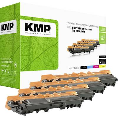 Cartuccia toner di qualità premium KMP multipack per Brother TN-242BK/TN-246CMY, mostrata come cartucce nera, ciano, magenta e gialla in una scatola verde.