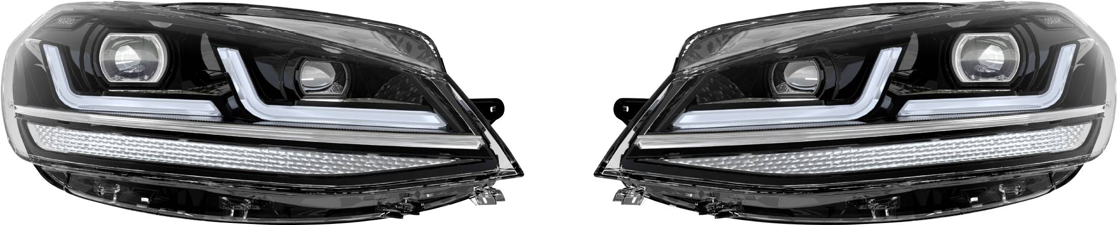 Due fari anteriori moderni con tecnologia LED affiancati. Lenti trasparenti e design geometrico dominano l'insieme.