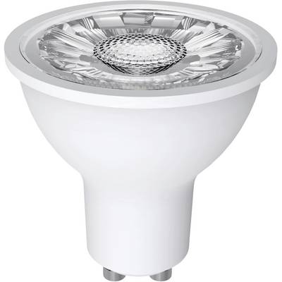 Una lampadina LED bianca con attacco GU10, adatta per l'uso in faretti e spot da incasso.