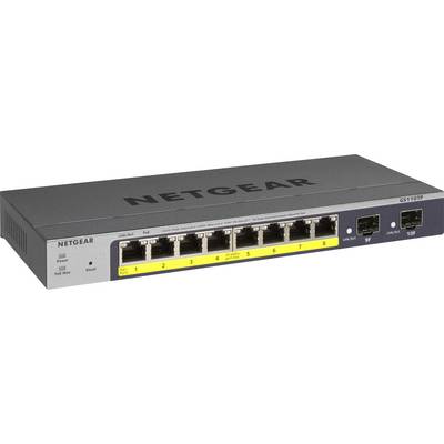 Switch di rete con otto porte LAN e due porte SFP. È grigio e reca la scritta 'Netgear'. A sinistra sono presenti delle spie di stato.