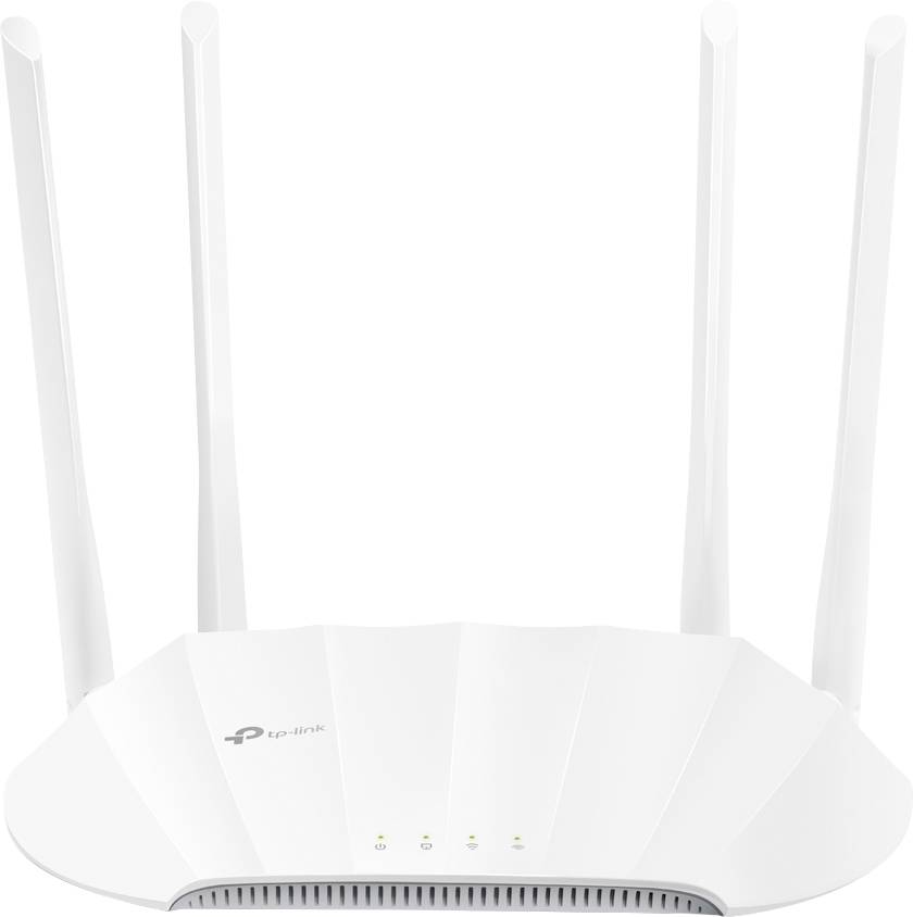 Un router Wi-Fi bianco con quattro antenne, spie di stato illuminate e il logo TP-Link sul davanti.