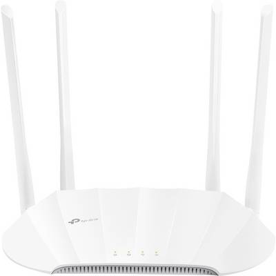 Un router Wi-Fi bianco con quattro antenne, spie di stato illuminate e il logo TP-Link sul davanti.