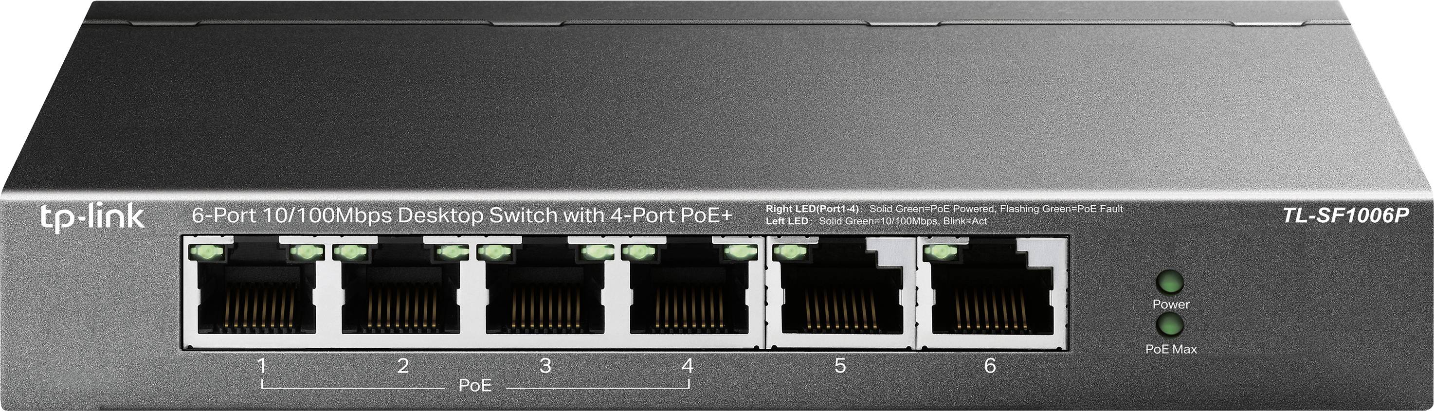'Switch desktop a 6 porte 10/100 Mbps con 4 porte PoE di TP-Link, modello TL-SF1000P. Ideale per piccole reti e dispositivi PoE.'