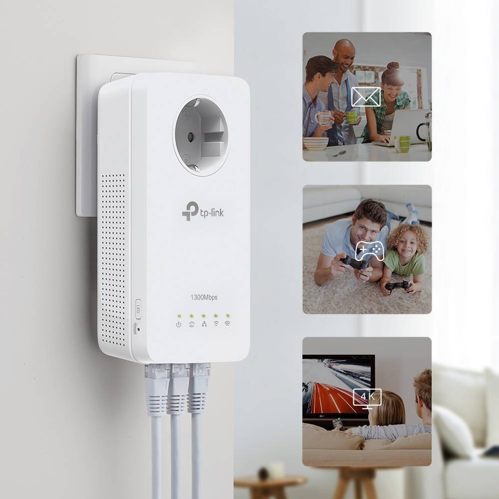 'Adattatore Powerline TP-Link in formato presa elettrica con porte LAN. Adatto per gaming, home office e streaming 4K.'