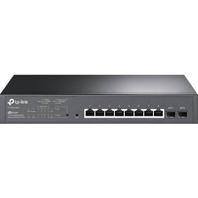 'Switch di rete TP-Link con otto porte Ethernet e due porte SFP, modello JetStream. I LED indicano lo stato e le connessioni.'