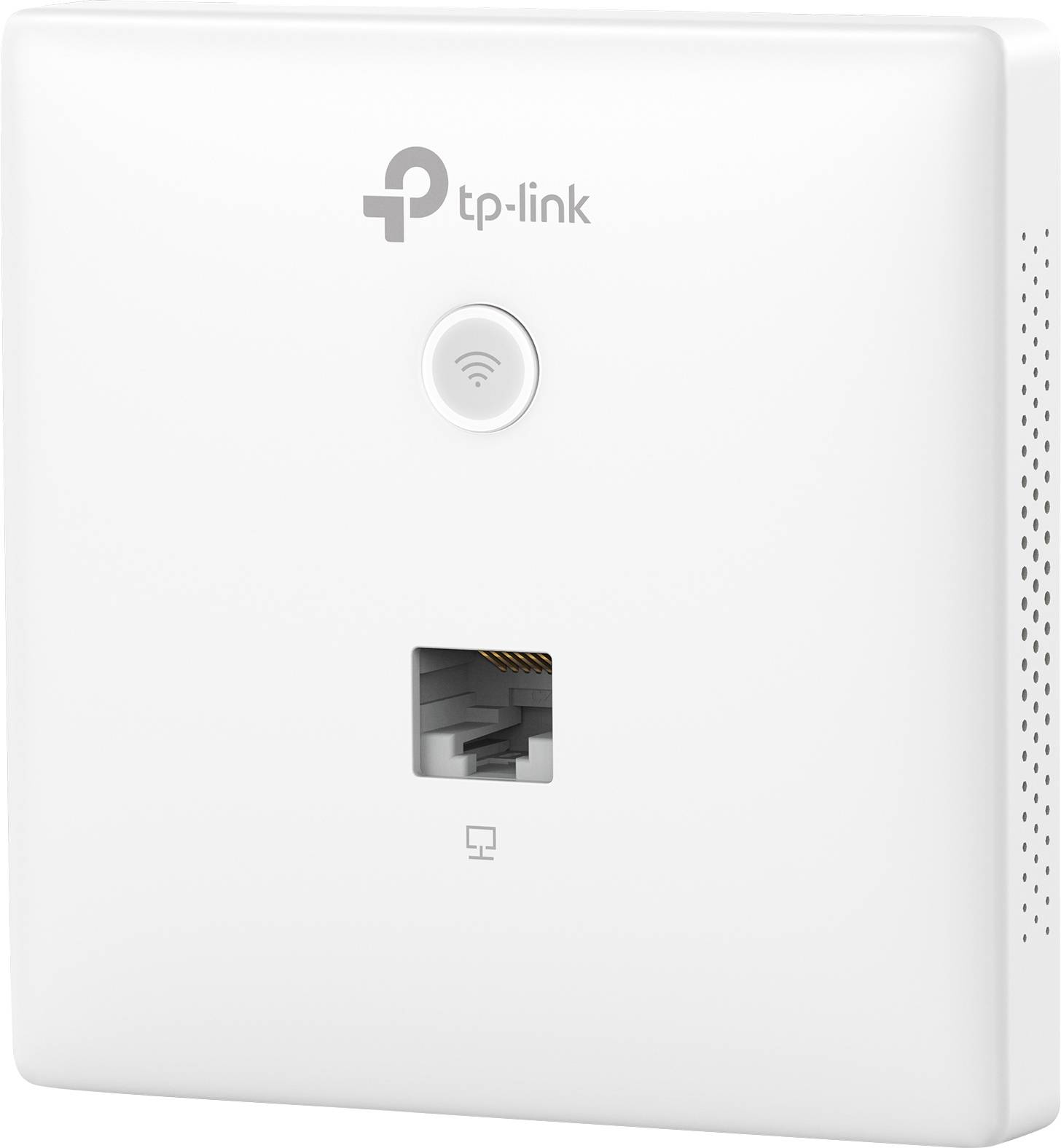 Presa di rete a parete TP-Link con tasto Wi-Fi e porta Ethernet, per la connessione Internet in uffici o a casa.