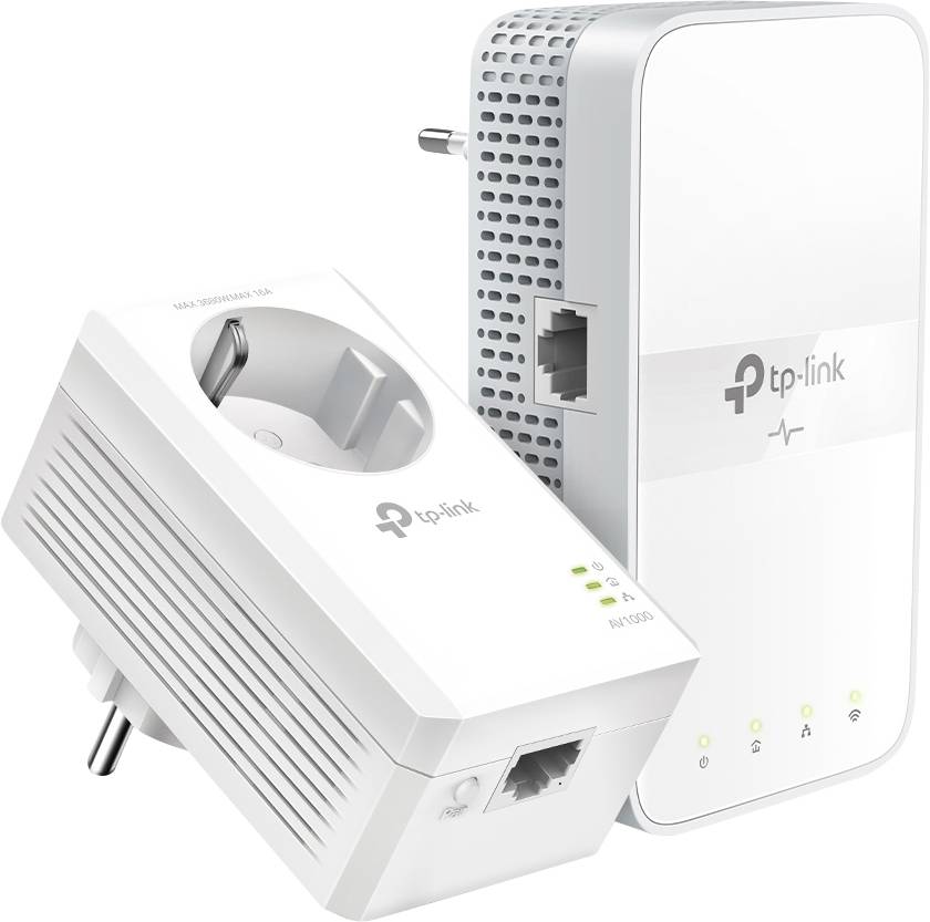 Due adattatori Powerline TP-Link bianchi con presa elettrica e porta Ethernet, che consentono la connessione di rete attraverso la linea elettrica.