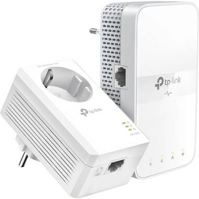 Due adattatori Powerline TP-Link bianchi con presa elettrica e porta Ethernet, che consentono la connessione di rete attraverso la linea elettrica.