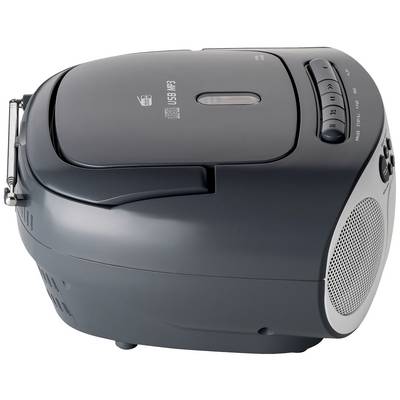 Un lettore CD portatile con altoparlante integrato e porta USB; tasti di controllo laterali e design compatto.