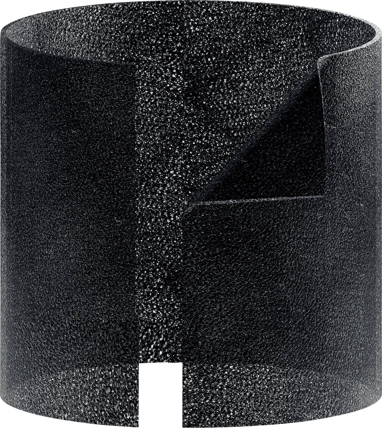Un oggetto cilindrico nero realizzato in materiale strutturato, con un bordo smussato e un'apertura laterale.