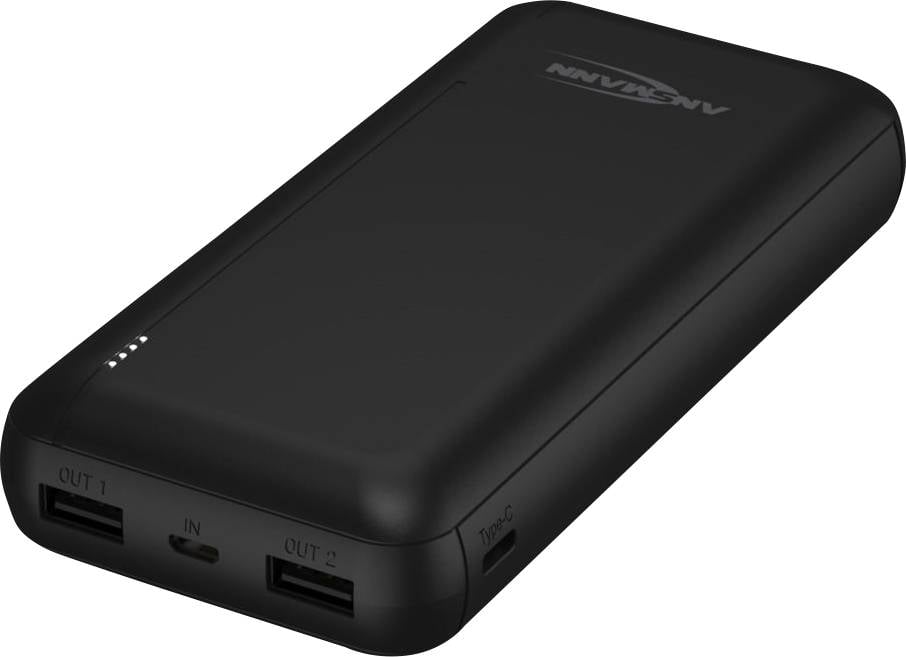 Powerbank nera con due uscite USB, un ingresso di tipo C e un indicatore di livello batteria a quattro punti sulla parte superiore.