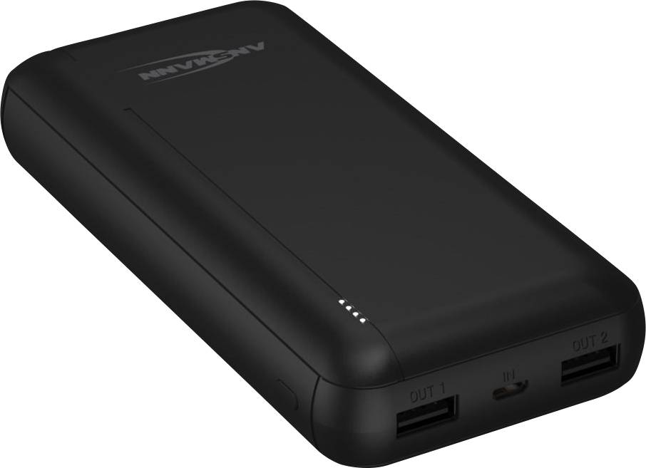 Powerbank nera con due porte USB e quattro indicatori LED sulla parte superiore.