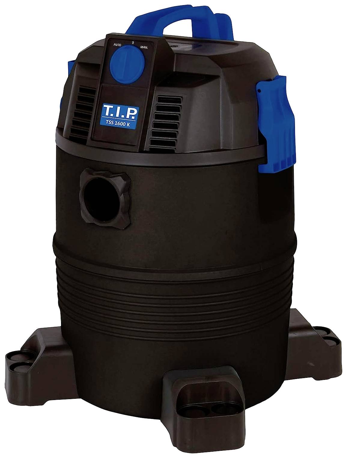 'Aspirapolvere/aspiraliquidi nero e blu, modello T.I.P. TS 1650 E, su ruote. Adatto per la pulizia di cantieri e ambienti domestici.'