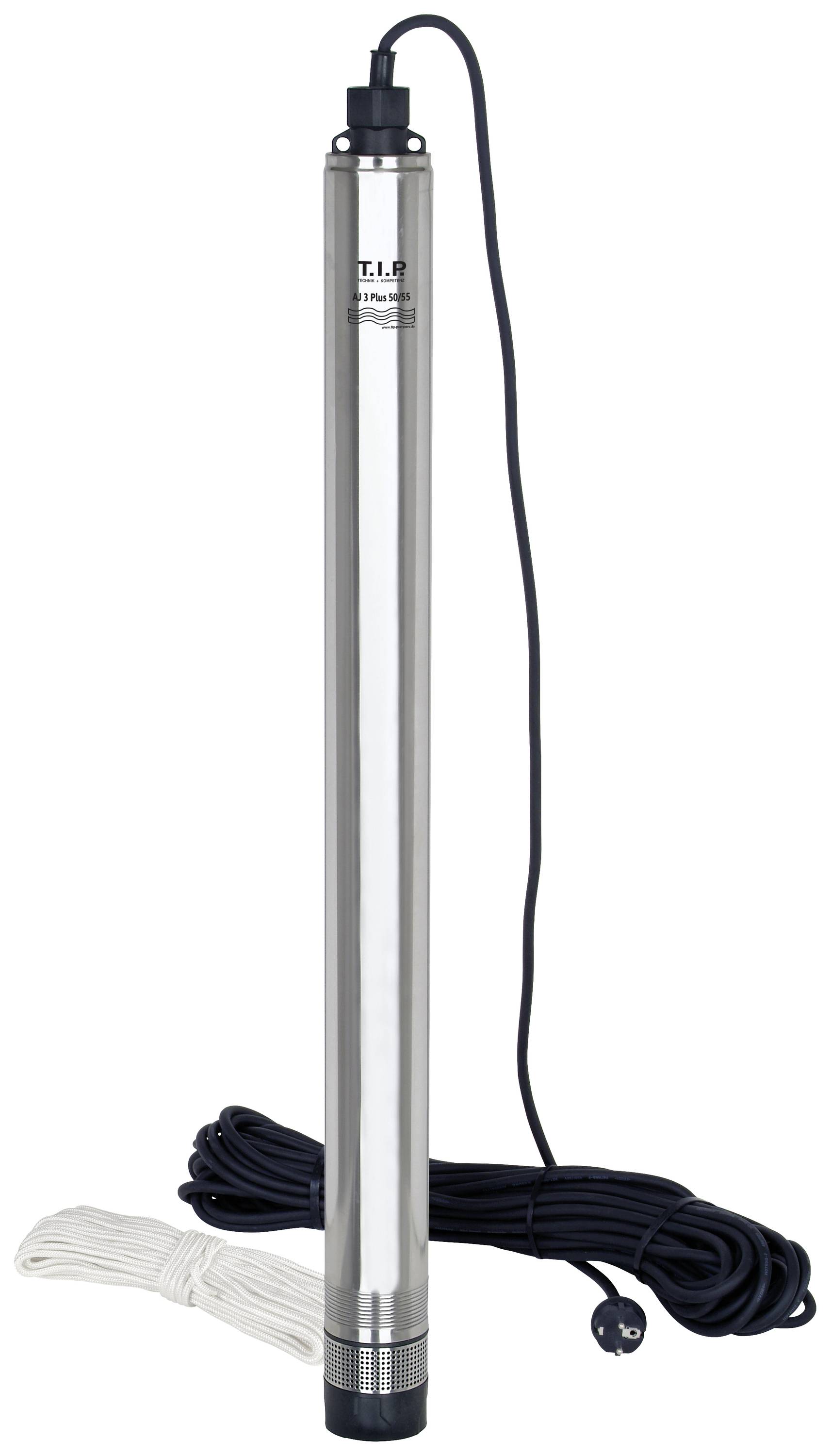 Una pompa sommergibile d'argento, cilindrica, con lunghi cavi neri. Presenta un filetto su un'estremità ed è posizionata accanto a una corda bianca.