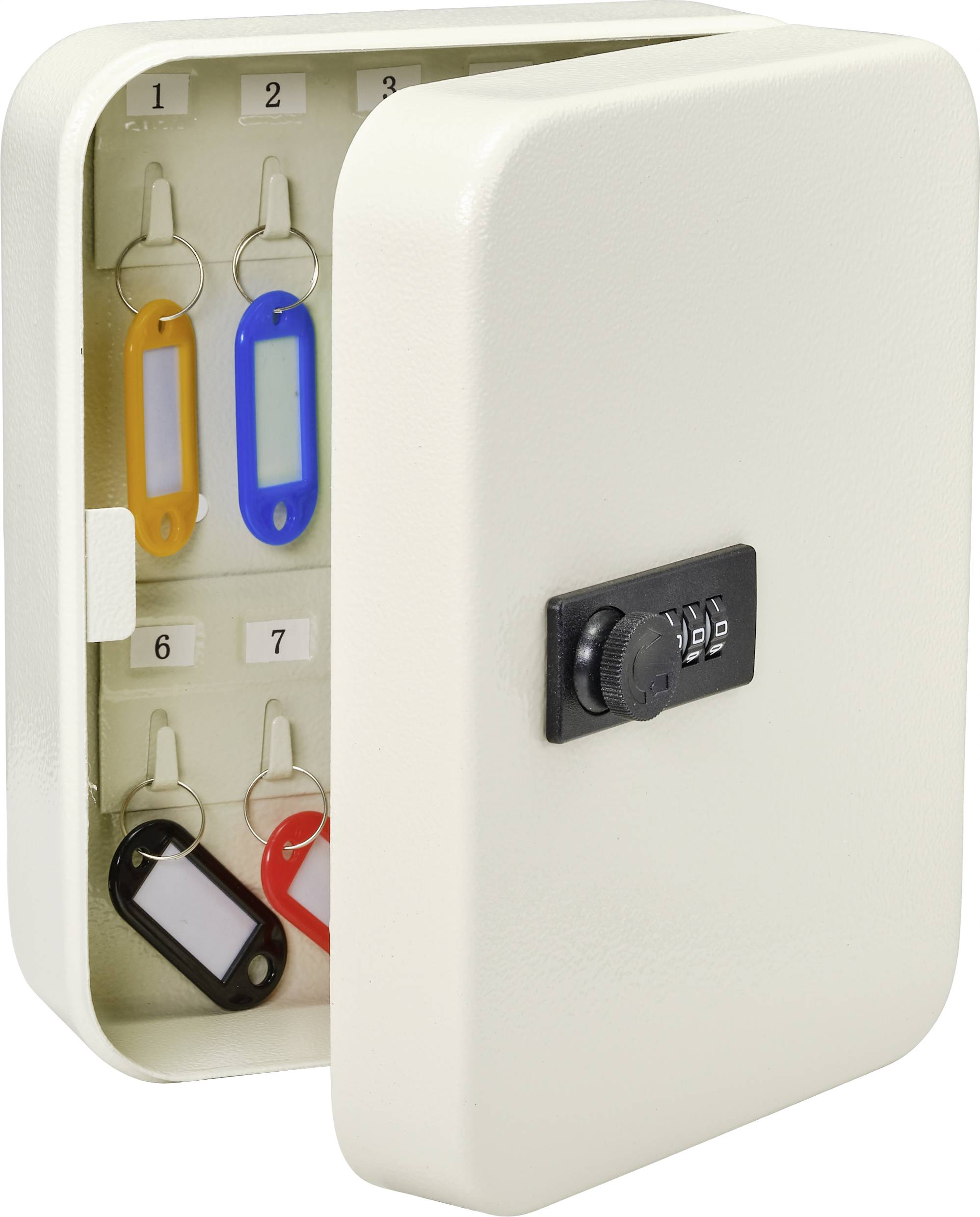 Cassetta portachiavi in metallo con serratura numerica, aperta. Contiene portachiavi numerati di diversi colori per un'archiviazione organizzata.