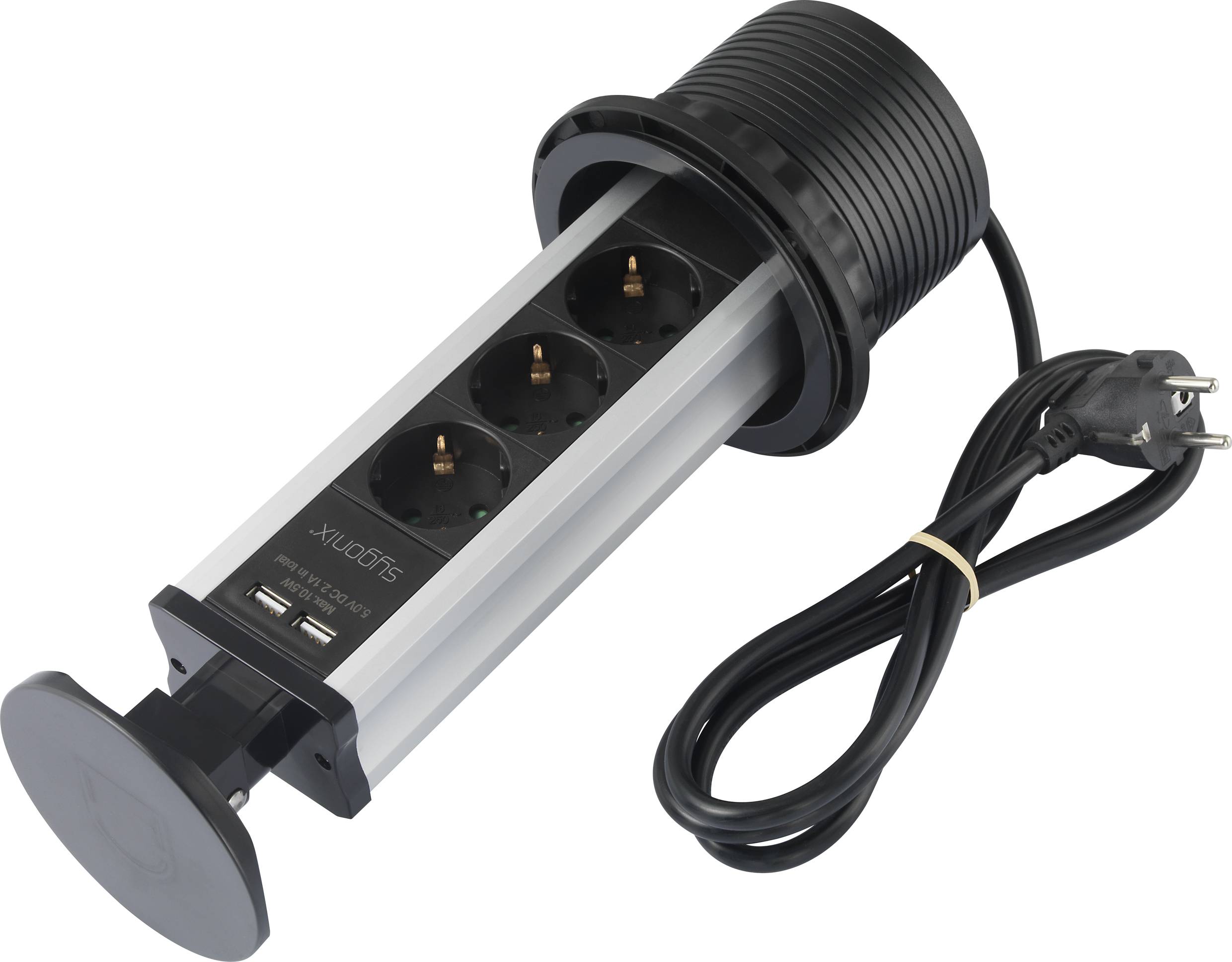 Multipresa con tre prese elettriche e due porte USB, cavo con spina Schuko.
