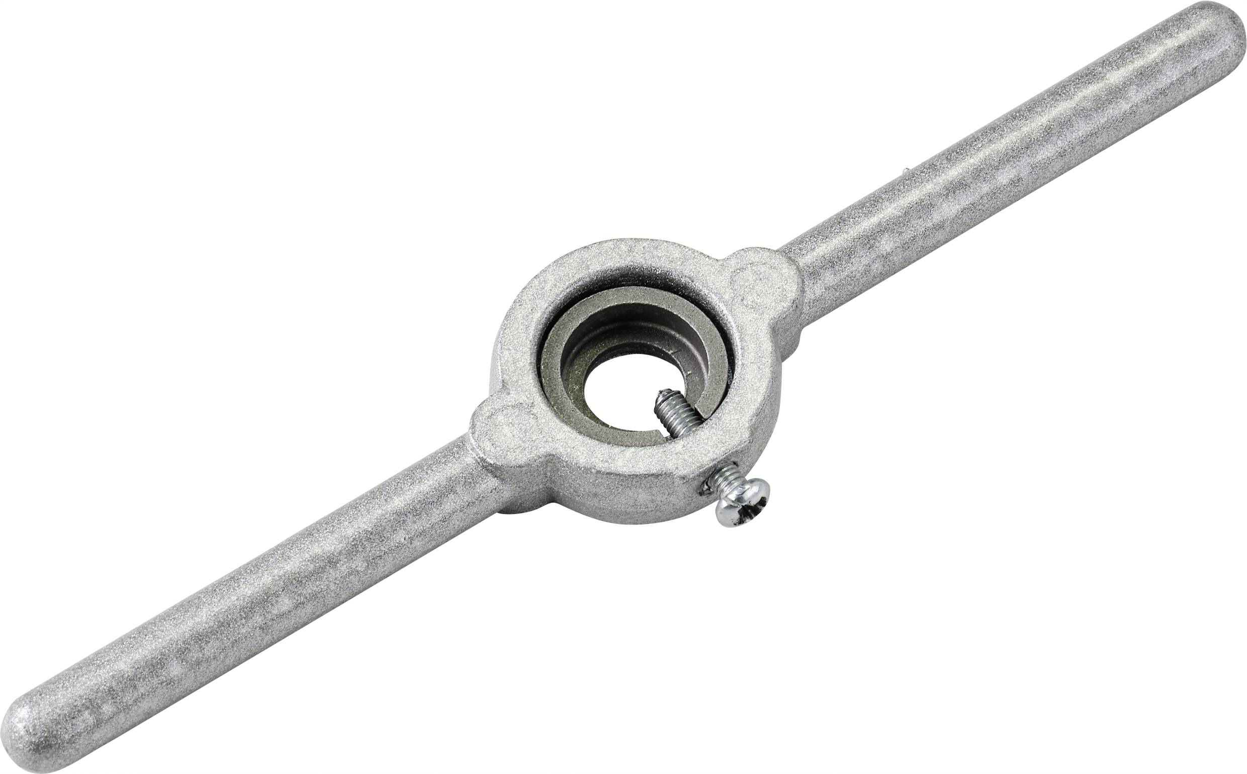 Un supporto per filiere in metallo color argento con vite di regolazione centrale, utilizzato per fissare le filiere per la maschiatura.