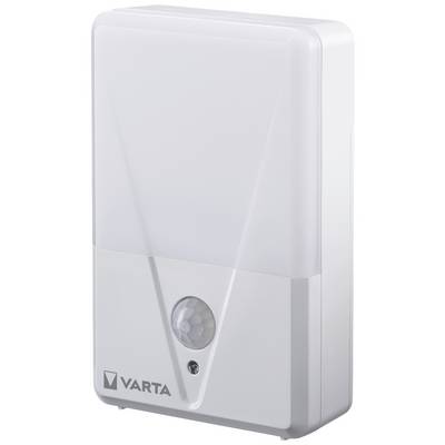 Una luce notturna a LED bianca con sensore di movimento sopra un logo VARTA.