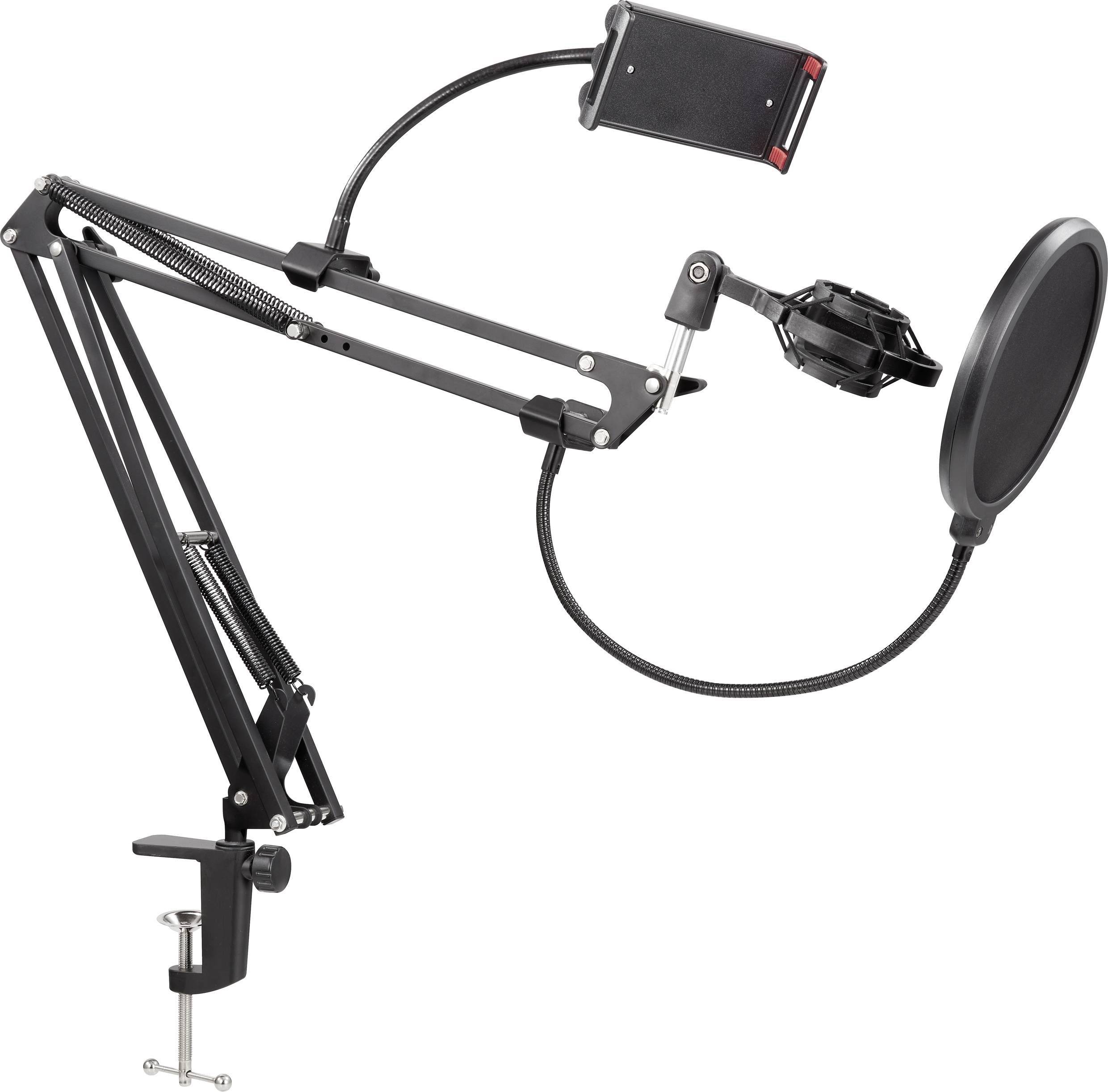 Braccio del microfono con supporto per smartphone e filtro anti-pop, montato su un tavolo. Adatto per registrazioni o podcasting.