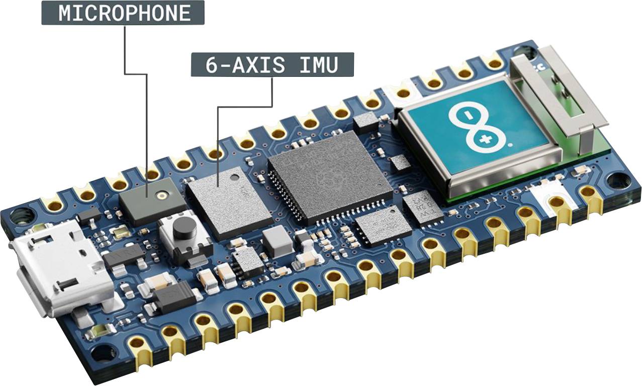 Scheda Arduino con componenti evidenziati: microfono, IMU a 6 assi, chip microcontrollore, porta USB.