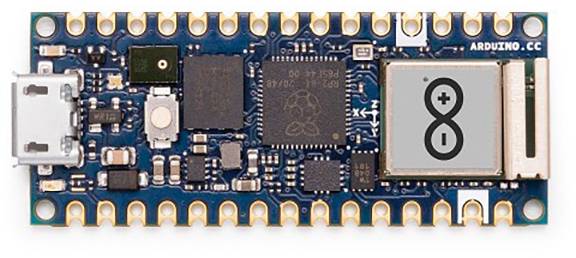 Arduino Nano 33 IoT scheda microcontrollore con connettore USB e logo IoT, che combina le funzionalità Internet delle Cose e microcontrollore.