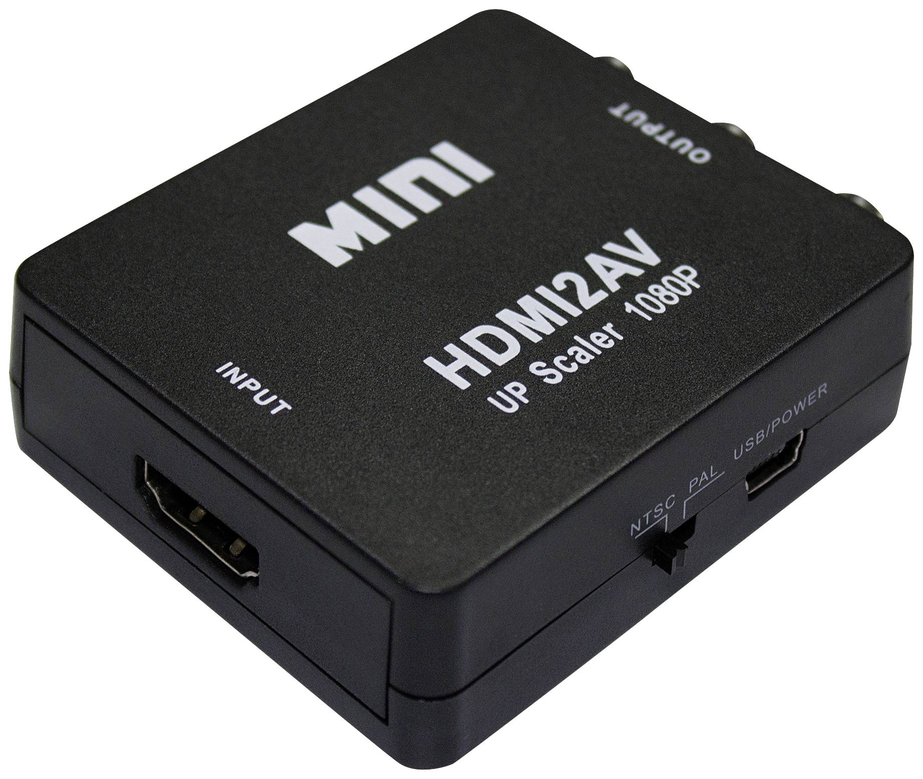 Un convertitore nero mini HDMI2AV per la conversione da HDMI a AV, contrassegnato con 'UP Scaler 1080P'. Porte: HDMI, NTSC/PAL, USB.