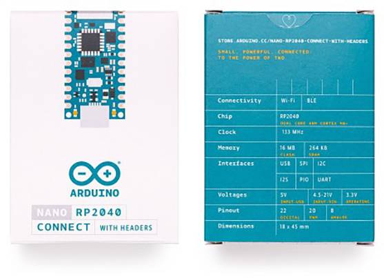 'Due confezioni dell'Arduino Nano RP2040 Connect' mostrano dettagli tecnici come Wi-Fi, BLE, chip microcontrollore e varie interfacce.