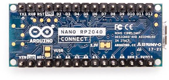 Arduino Nano RP2040 Connect, un microcontrollore compatto con numerosi pin e connettori, adatto per progetti IoT e prototipazione.