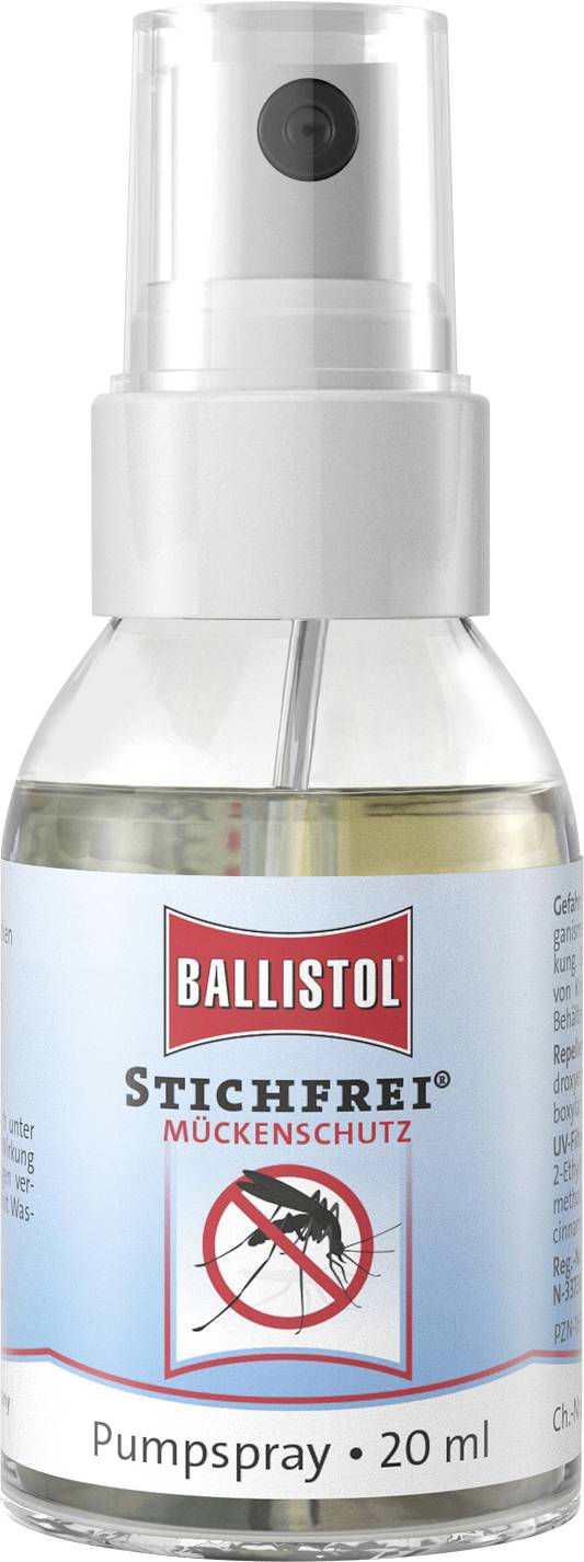 Flacone di spray antizanzare Ballistol, 20 ml spray a pompa, con simbolo rosso 'Niente zanzare' sull'etichetta.