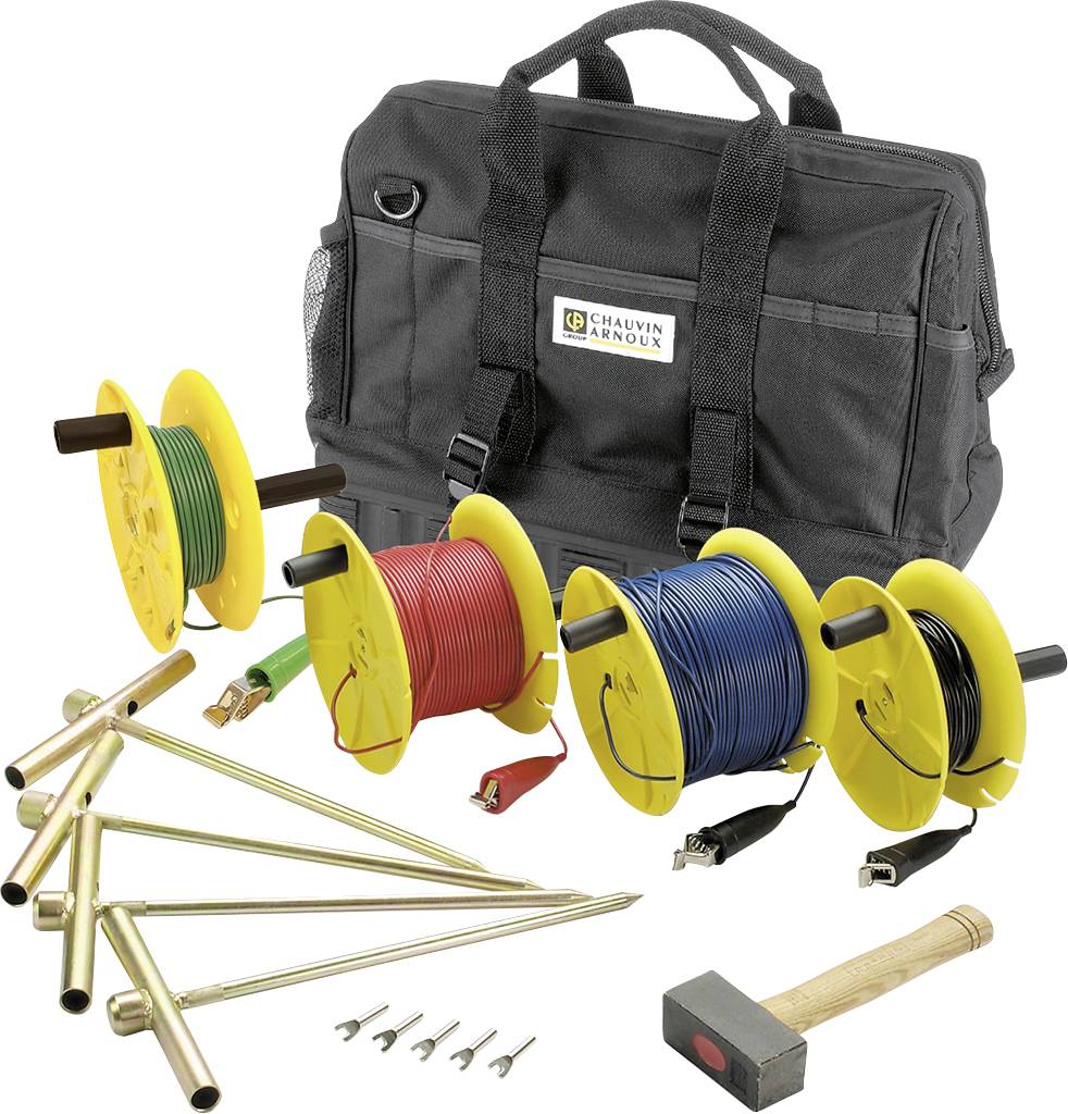 Set di cavi di misurazione con borsa. Contiene rotoli di cavi in rosso, verde e blu, elettrodi di messa a terra, martello e accessori. Ideale per lavori tecnici.