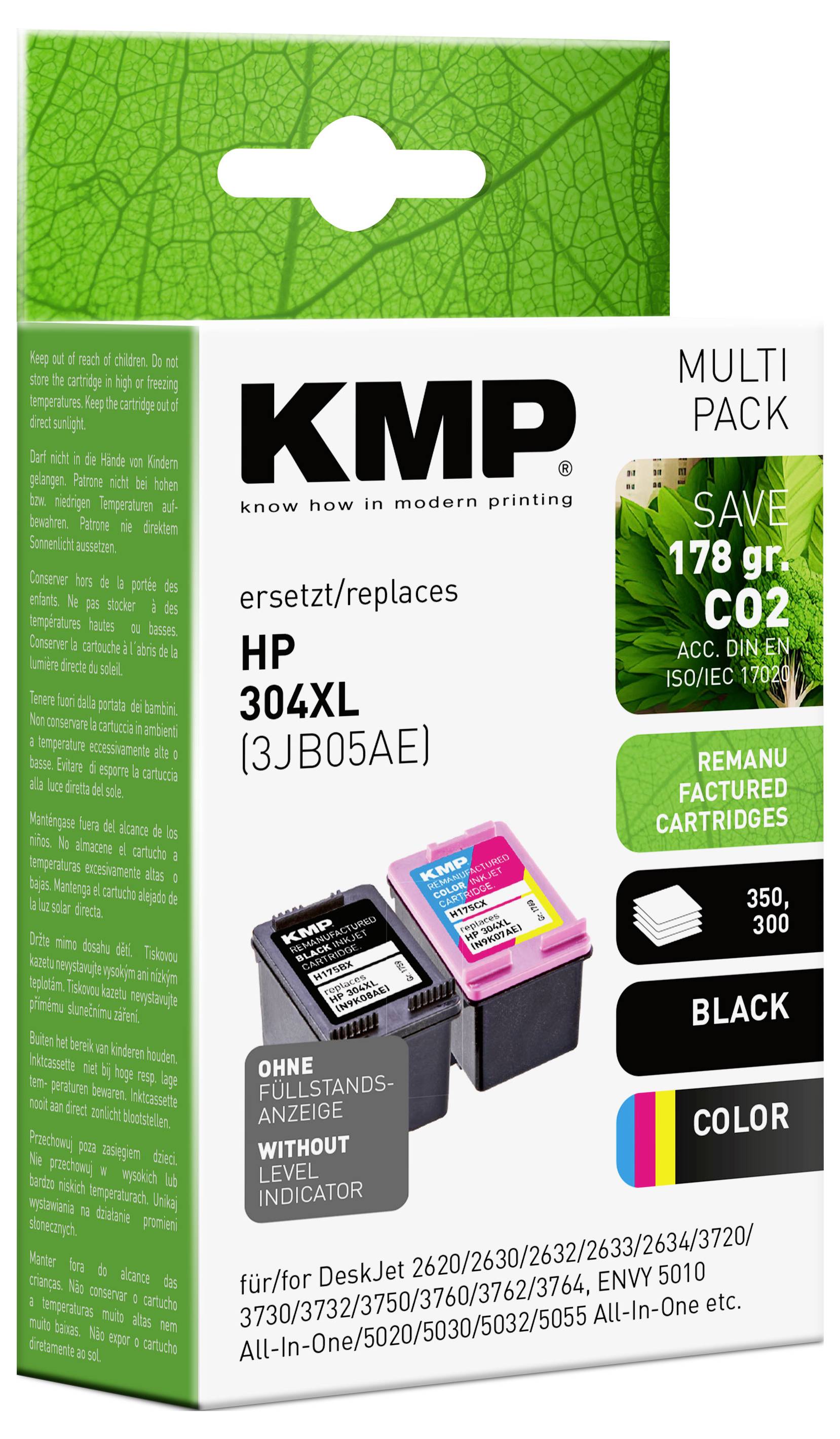 Cartucce stampante 'KMP Multi Pack' per HP 304XL, che offre cartucce in nero e a colori, promuove il risparmio di CO2 e la qualità ricondizionata.