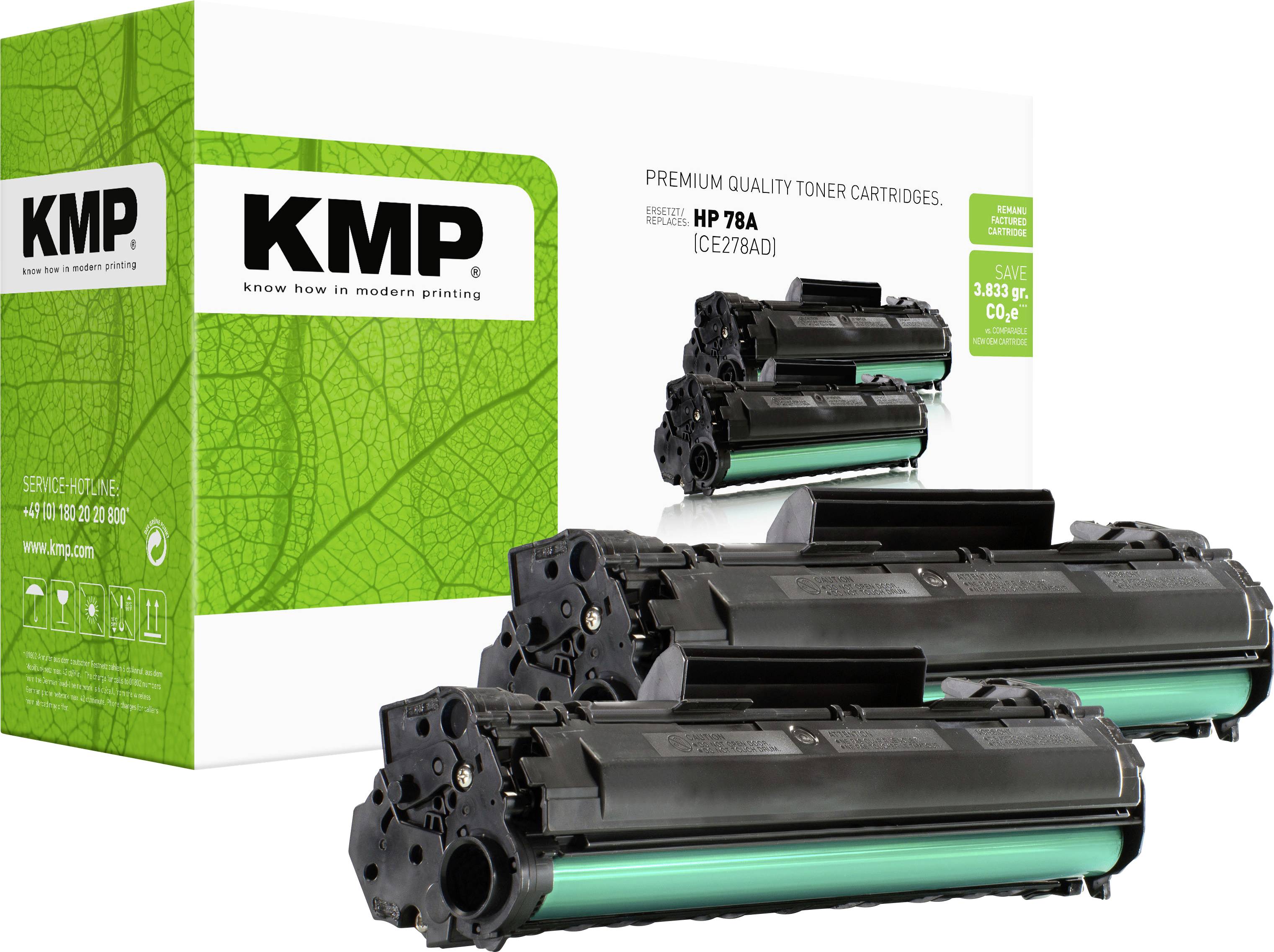 Scatola di cartucce di toner di qualità premium KMP e due cartucce di toner nero con accenti verdi, mostrate come confezione del prodotto.