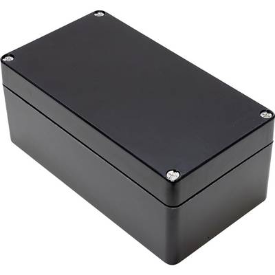 Custodia nera, rettangolare con viti agli angoli, probabilmente per componenti elettronici.