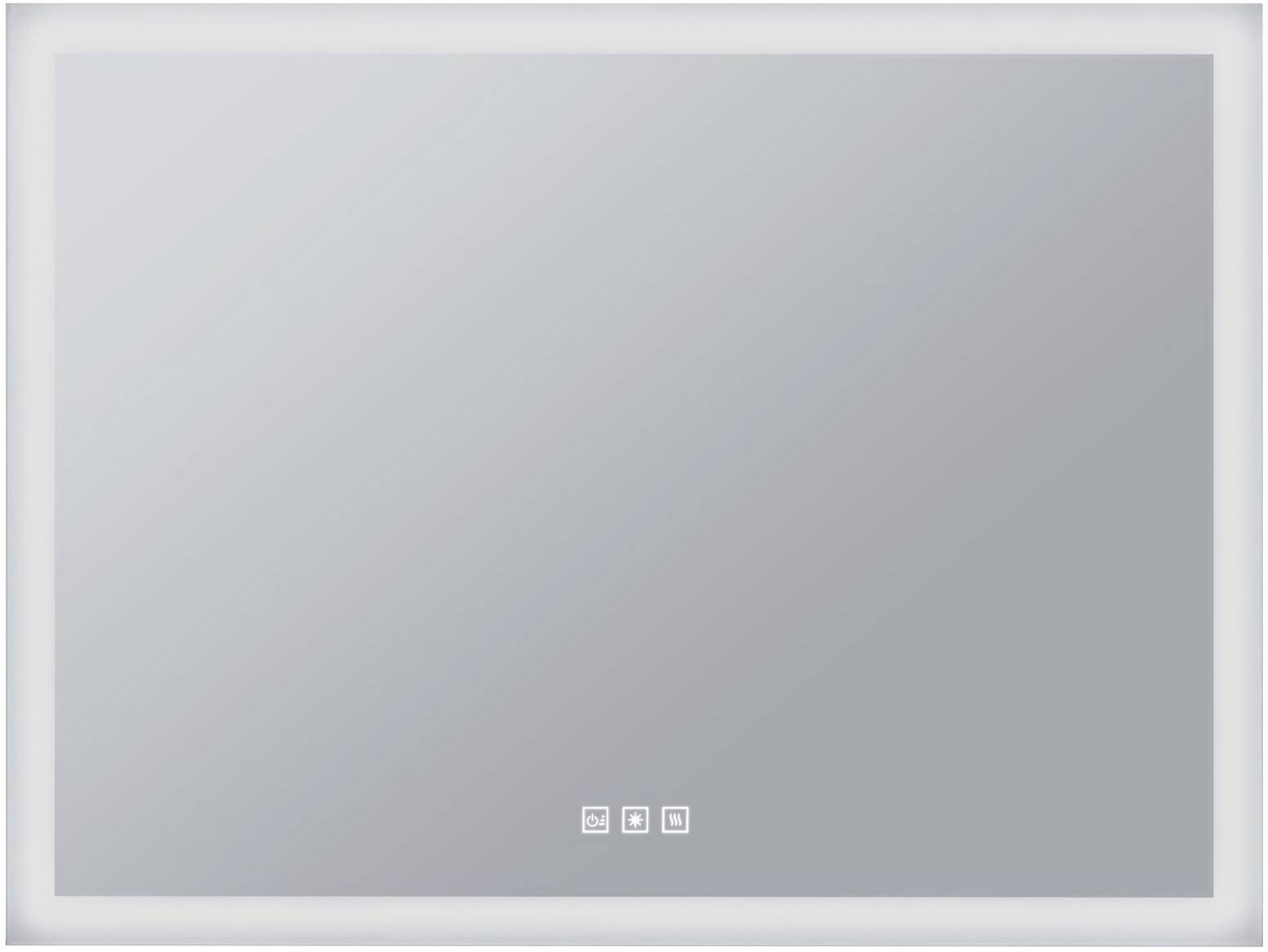 Specchio rettangolare, privo di cornice, con bordo delicatamente illuminato e tre comandi touch sul lato inferiore.