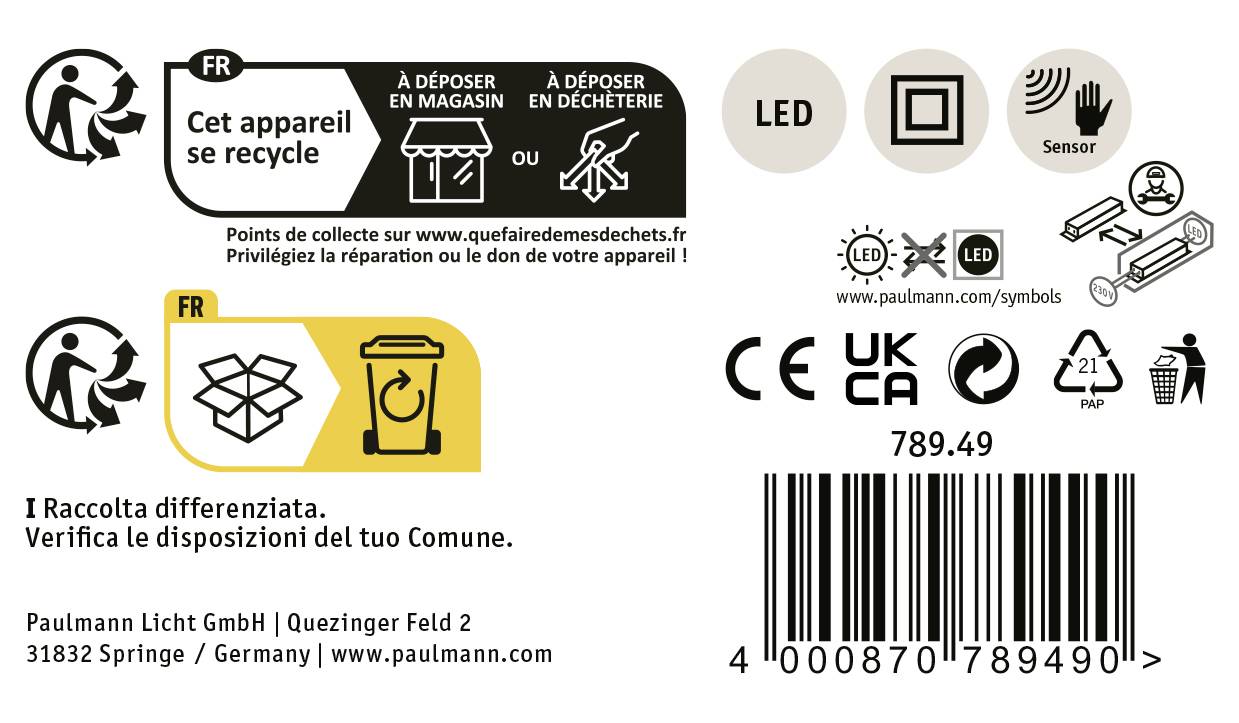 'Questo dispositivo è riciclabile'. Simbolo di riciclaggio, istruzioni per la raccolta differenziata in francese e italiano, codici legali, sito web, codice a barre.