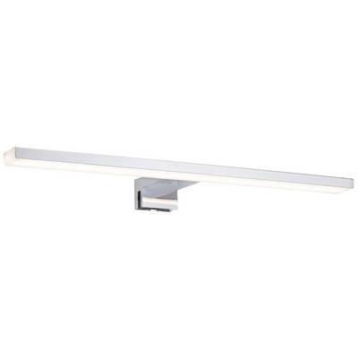 Applique da parete argentata con corpo luminoso LED rettangolare lungo, adatta per bagni moderni o interni.