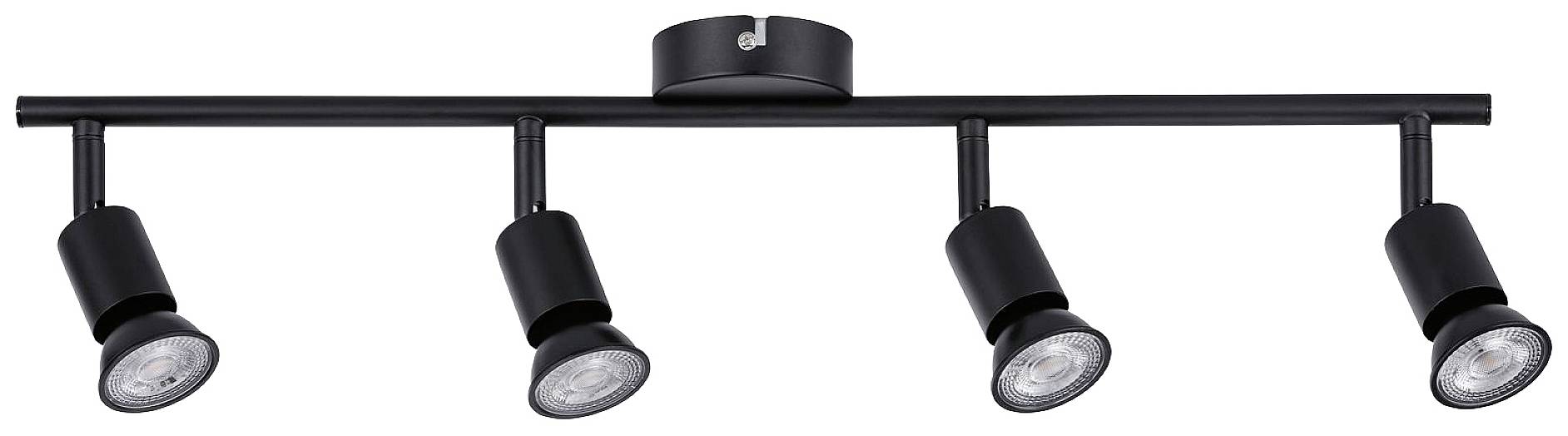 Un lampadario nero con quattro faretti orientabili.